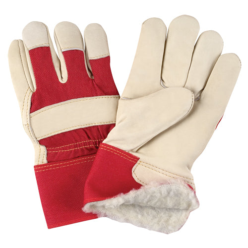 Premium Winter Lined Red & White Fitter Gloves, Large, Grain Cowhide Palm, Boa Lining - SAO053R