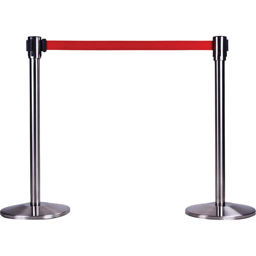 Barrières sur pieds pour le contrôle des foules, Acier, 35" h, Ruban Rouge, Longueur du ruban 7' - SAS226