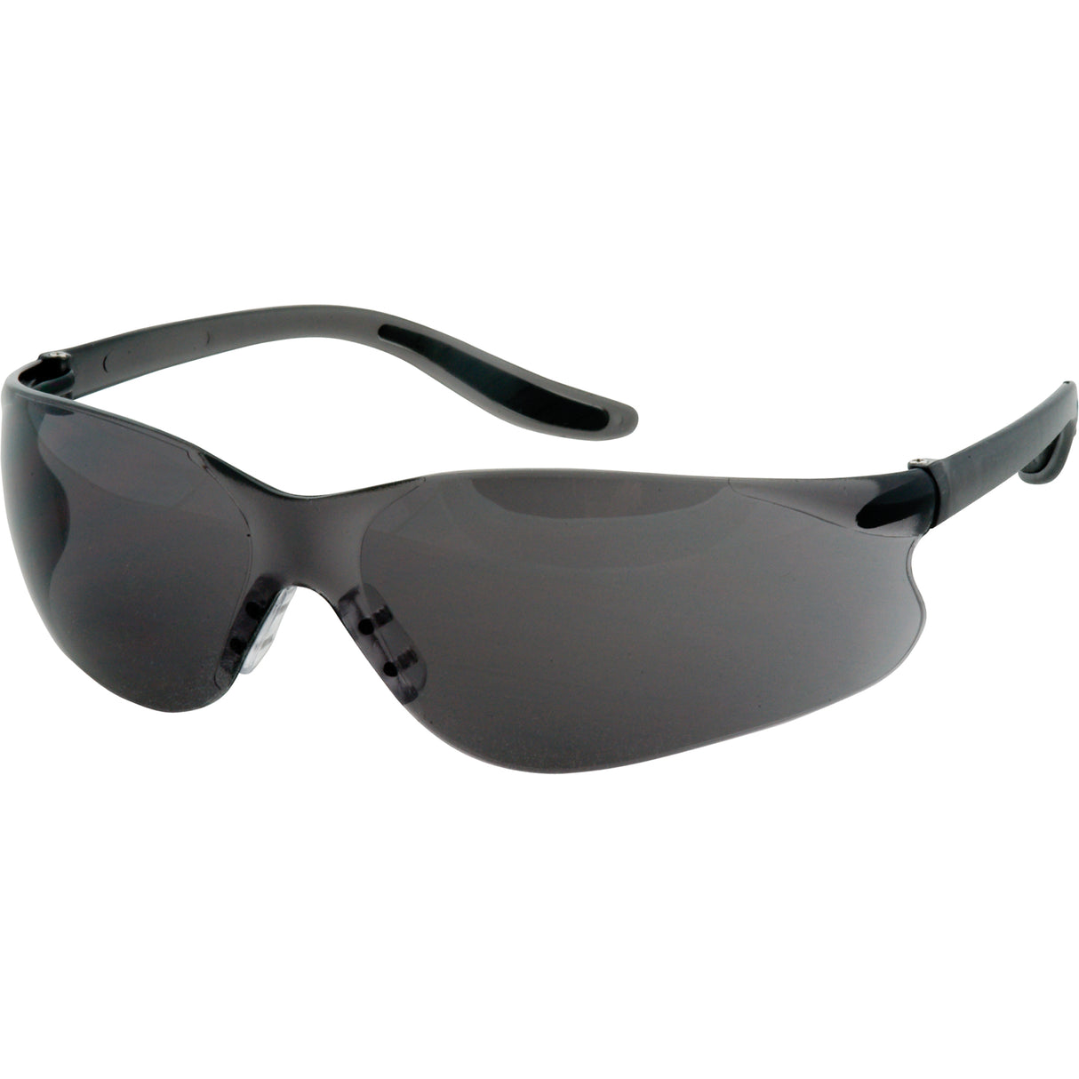 Lunettes de sécurité teintées noires avec monture légère et courbée, offrant une protection contre les rayons du soleil et les impacts en milieu industriel ou extérieur.