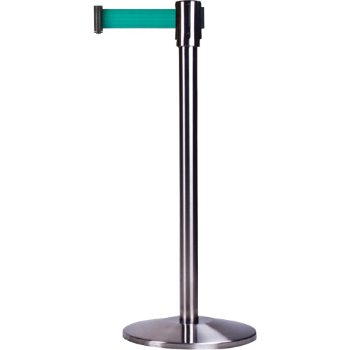 Barrières sur pieds pour le contrôle des foules, Acier, 35" h, Ruban Vert, Longueur du ruban 7' - SDN302