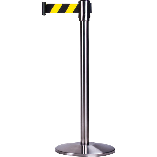 Crowd Control Freestanding Barriers, Steel, 35" H, Black/Yellow Tape, 7' Tape Length - SDN304