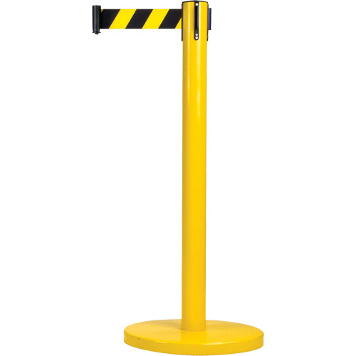 Crowd Control Freestanding Barriers, Steel, 35" H, Black/Yellow Tape, 7' Tape Length - SDN317