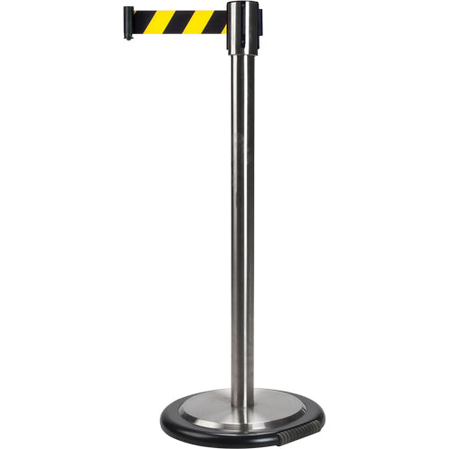 Crowd Control Freestanding Barriers, Steel, 35" H, Black/Yellow Tape, 7' Tape Length - SDN325