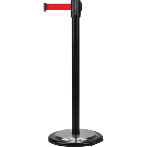 Barrières sur pieds pour le contrôle des foules, Acier, 35" h, Ruban Rouge, Longueur du ruban 7' - SDN326