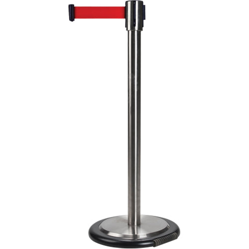 Barrières sur pieds pour le contrôle des foules, Acier, 35" h, Ruban Rouge, Longueur du ruban 7' - SEI760