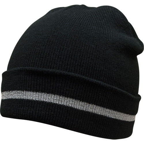 Knit Beanie with Silver Reflective Stripe, One Size, Black - SGJ105