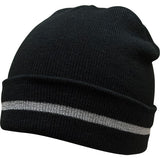 Knit Beanie with Silver Reflective Stripe, One Size, Black - SGJ105