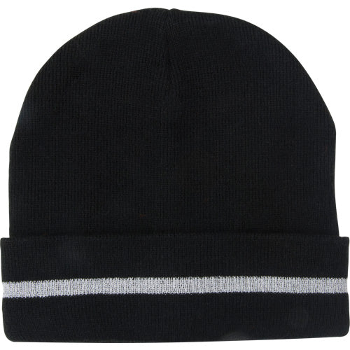 Knit Beanie with Silver Reflective Stripe, One Size, Black - SGJ105