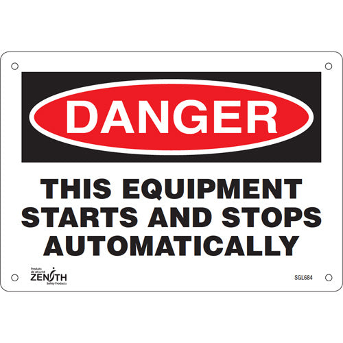 Enseigne «This Equipment Starts And Stops Automatically», 7" x 10", Plastique, Anglais - SGL684