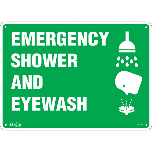 Enseigne «Emergency Shower And Eyewash», 10" x 14", Aluminium, Anglais avec pictogramme - SGL706