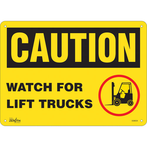 Enseigne «Watch For Lift Trucks», 10" x 14", Aluminium, Anglais avec pictogramme - SGM039