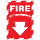 Safety sign with downward arrow "Fire Extinguisher", English with pictogram