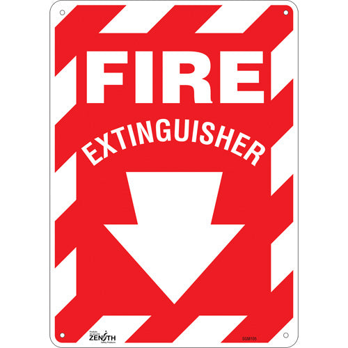Safety sign with downward arrow "Fire Extinguisher", English with pictogram