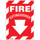 Safety sign with downward arrow "Fire Extinguisher", English with pictogram