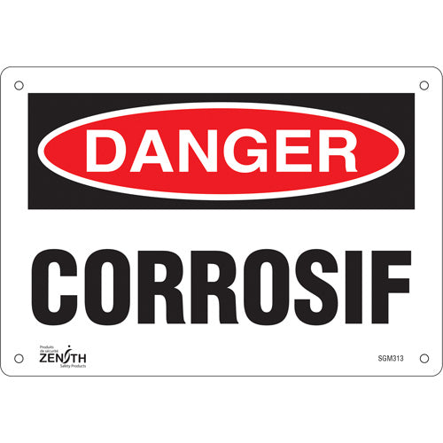 Enseigne «Corrosif», panneau d'avertissement en français pour produits corrosifs