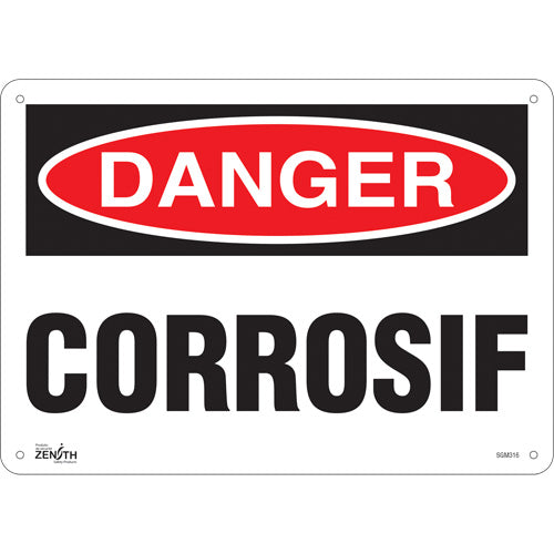 Enseigne «Corrosif», panneau d'avertissement en français pour produits corrosifs