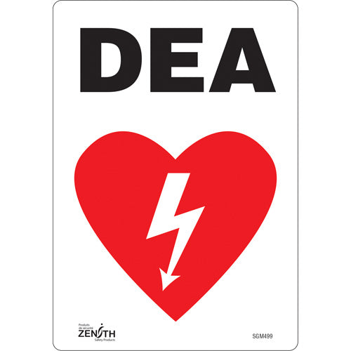 Enseigne «DEA», Français avec pictogramme — disponible en plusieurs formats et matériaux