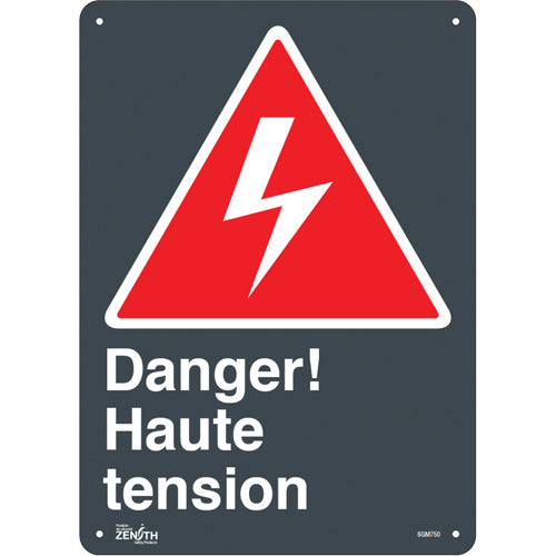 “High Voltage” sign in French with pictogram — safety signage