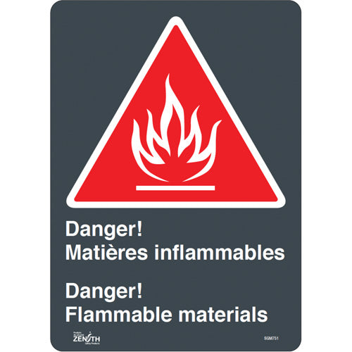 Enseigne «Flammable Materials/Matières Inflammables», 14" x 10", Vinyle, Bilingue avec pictogramme - SGM751