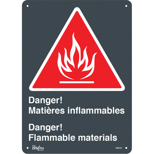 “Flammable Materials” sign, bilingual with pictogram