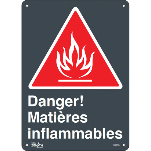 “Flammable Materials” sign, safety signage in French with pictogram