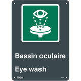 “Eye Wash” sign, bilingual with safety pictogram