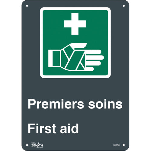 “First Aid” sign, bilingual with safety pictogram