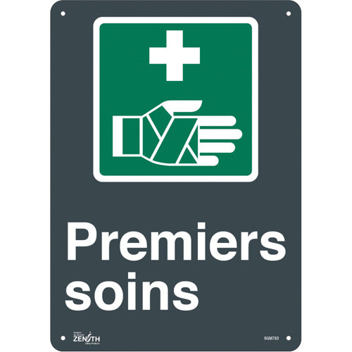 “First Aid” sign in French with pictogram — first aid signage