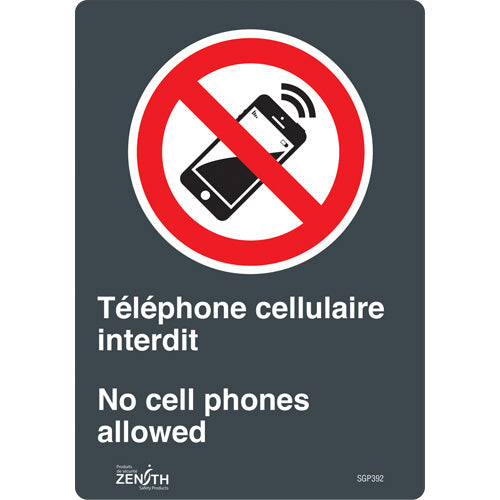 Enseigne «Téléphone cellulaire interdit /No Cell Phones», 10" x 7", Vinyle, Bilingue avec pictogramme - SGP392