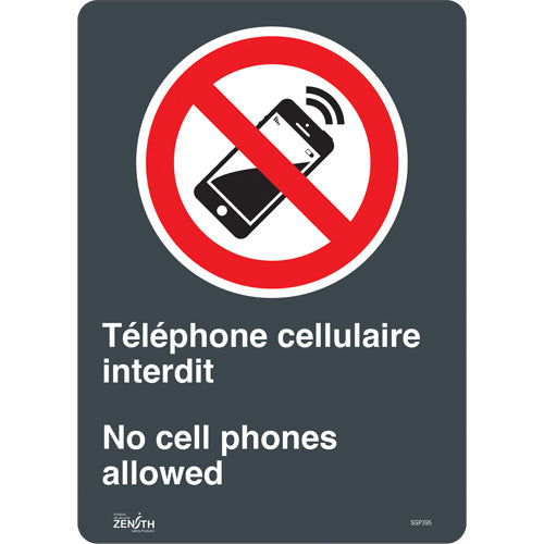 Enseigne «Téléphone cellulaire interdit /No Cell Phones», 14" x 10", Vinyle, Bilingue avec pictogramme - SGP395