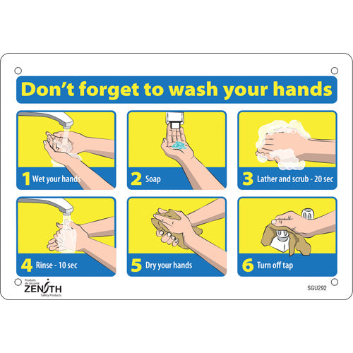 Sign with pictogram "Don't Forget to Wash Your Hands" - English, hygiene signage