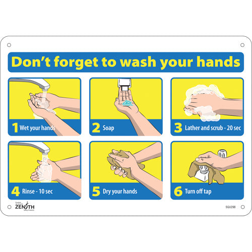 Sign with pictogram "Don't Forget to Wash Your Hands" - English, hygiene signage