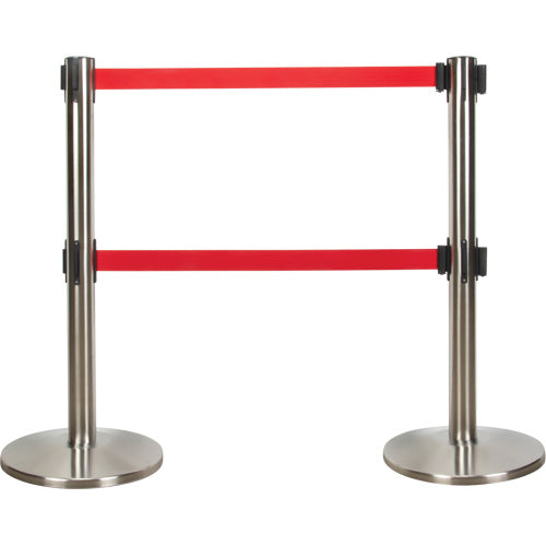 Double Belt Crowd Control Barrier, Steel, 35" H, Red Tape, 7' Tape Length - SHA665