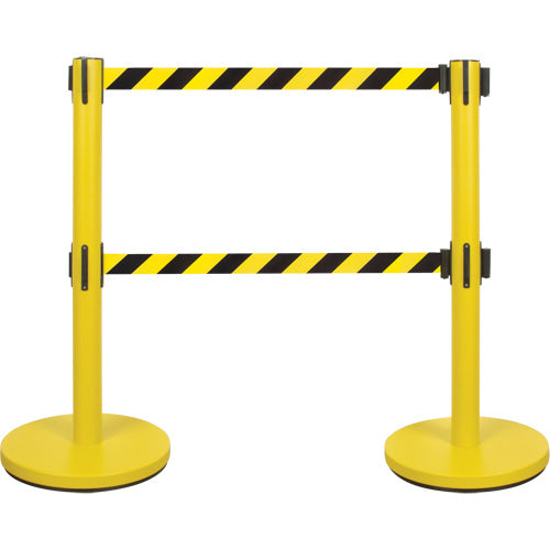 Barrière pour le contrôle des foules à courroie double, Acier, 35" h, Ruban Noir/Jaune, Longueur du ruban 7' - SHA669