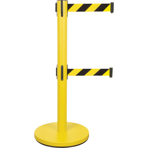Barrière pour le contrôle des foules à courroie double, Acier, 35" h, Ruban Noir/Jaune, Longueur du ruban 7' - SHA669