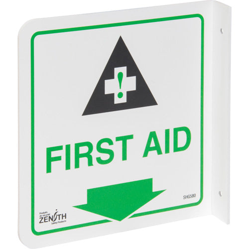Enseigne à projection sur 90° « First Aid », 8" x 8", Plastique, Anglais avec pictogramme - SHG580