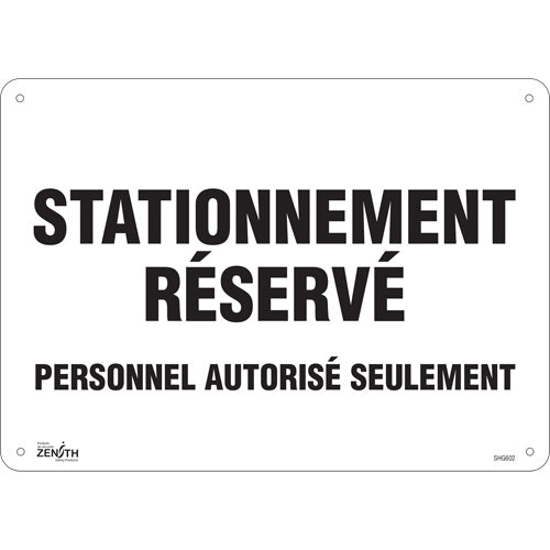 Panneau pour aire de stationnement « Stationnement réservé », 10" x 14", Aluminium, Français - SHG602