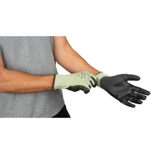 Gants élastiques écologiques sans coutures résistants à la coupe, Calibre 13, Revêtement Polyuréthane, Enveloppe PEHP/rPET, ASTM ANSI niveau A4