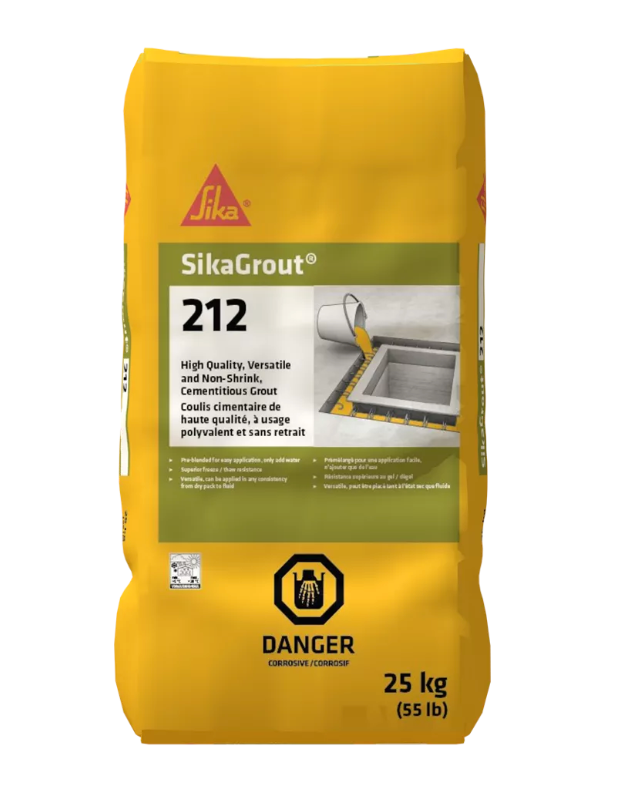 Sac de coulis cimentaire SikaGrout 212 de 25 kg (55 lb), de haute qualité, polyvalent et sans retrait, avec étiquette de danger corrosif.