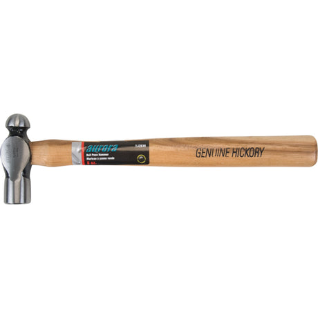 Marteau à panne sphérique avec tête métallique argentée et manche en bois clair marqué Genuine Hickory.