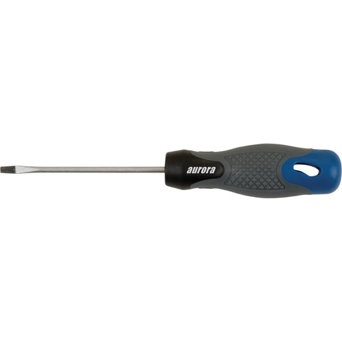 Tournevis à fente pour électricien avec tige ronde 1/8" et manche ergonomique gris et bleu.