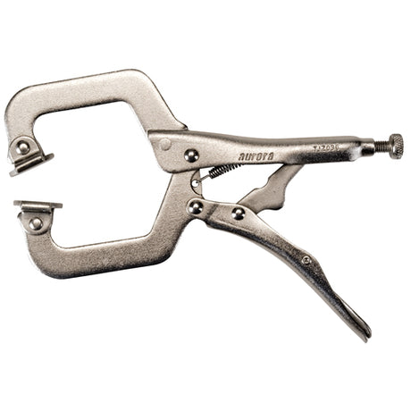 Pince-étau en métal argenté avec coussins pivotants et poignée ergonomique, longueur 15 cm.