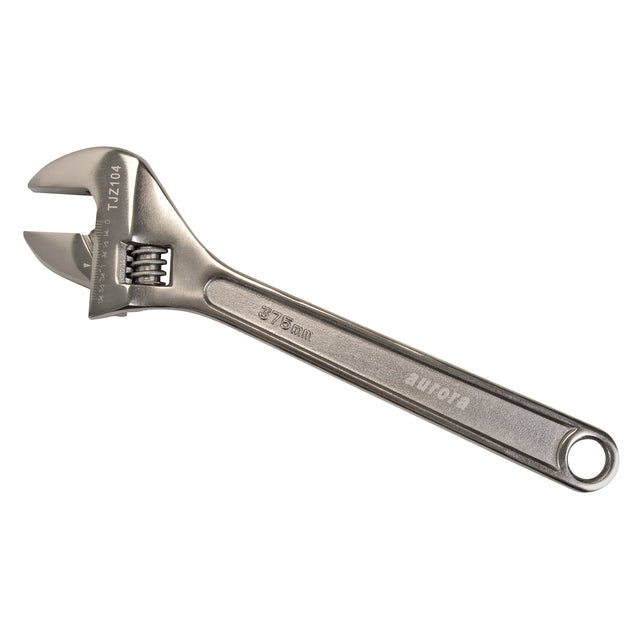 Aurora TJZ104 chrome adjustable wrench, 375 mm, angled view on white background