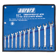 Aurora 11-piece metric combination wrench set, chrome-vanadium steel, in a blue pouch.