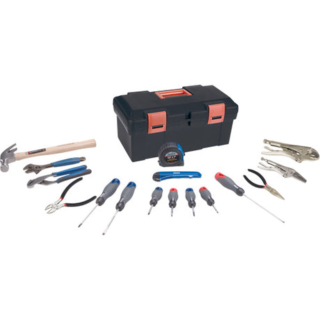 Ensemble d'outils 17 pièces avec mallette noire, marteau, tournevis, pinces, clés et mètre ruban bleu.