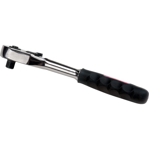 Clé à rochet 1/4" avec poignée caoutchouc noire à prise rapide et tête métallique chromée.