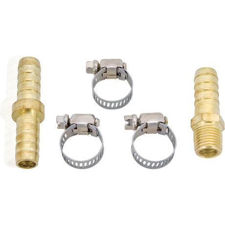 Deux raccords en laiton et trois colliers de serrage en acier inoxydable pour tuyau pneumatique.