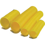 Tuyaux pneumatiques spiralés jaunes en nylon avec raccords métalliques, différentes tailles.