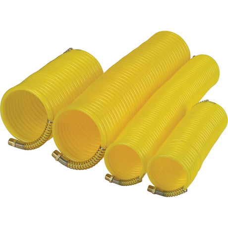Tuyaux pneumatiques spiralés jaunes en nylon avec raccords métalliques, différentes tailles.