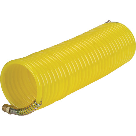 Tuyau pneumatique spiralé jaune en nylon avec raccords métalliques, 1/4" DI, 25 pieds.